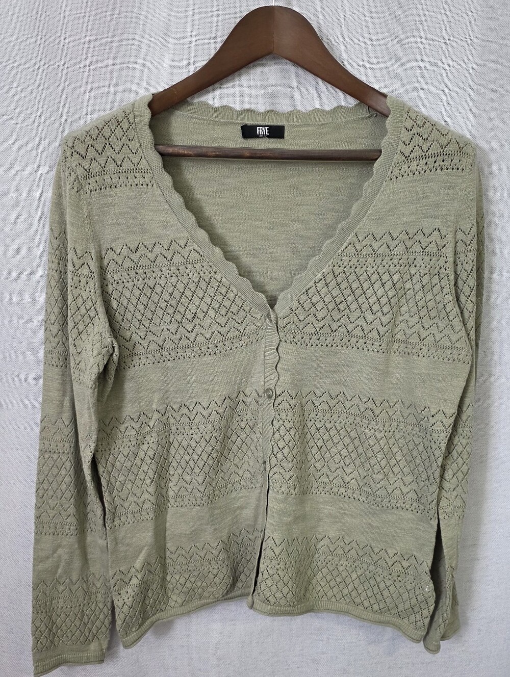 Frye Sage Green Pointelle Scalloped Cardigan M/L (No Size Tag)